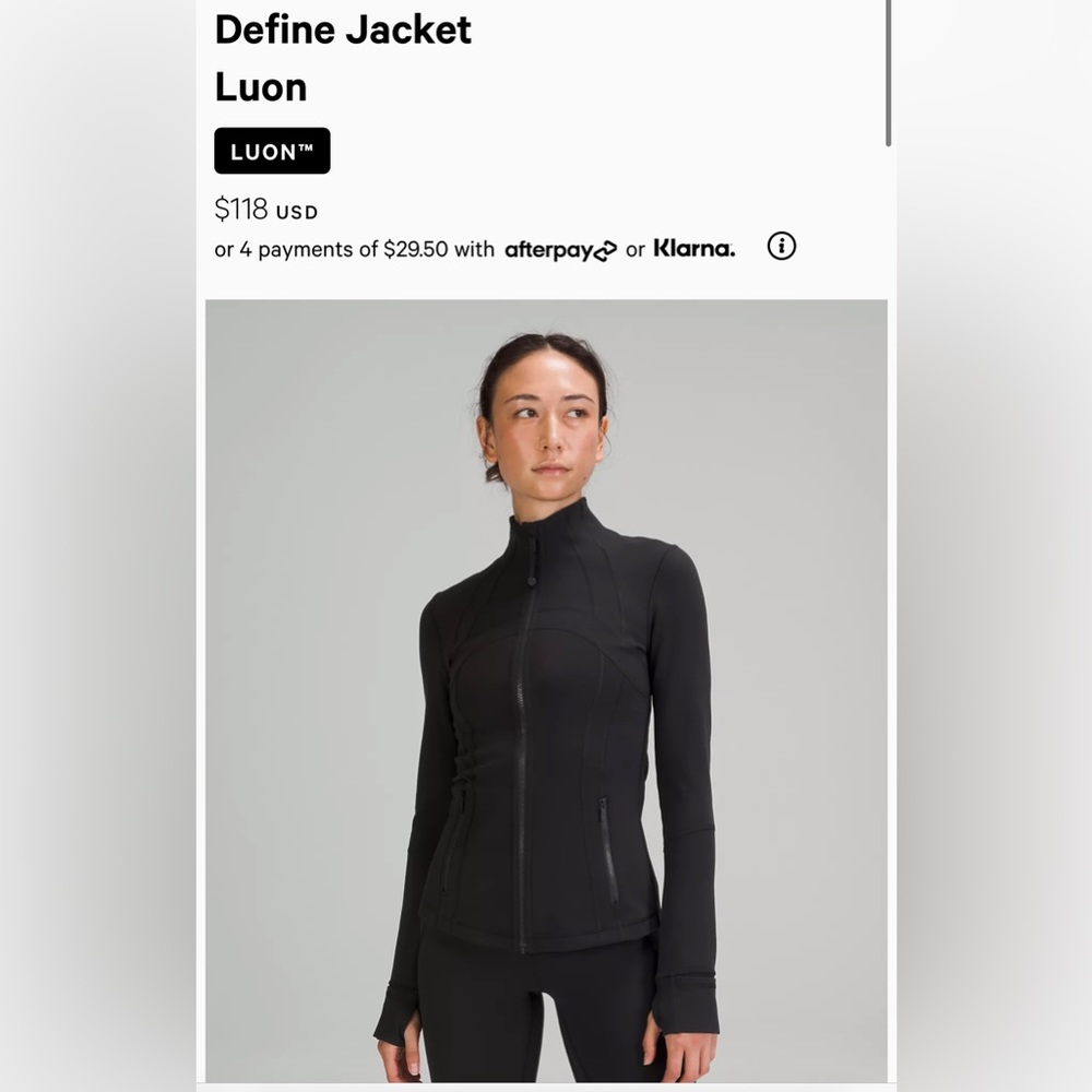 Define Jacket LUON Size 2 equal to a XS or S, very lightly worn. 4 way stretch.